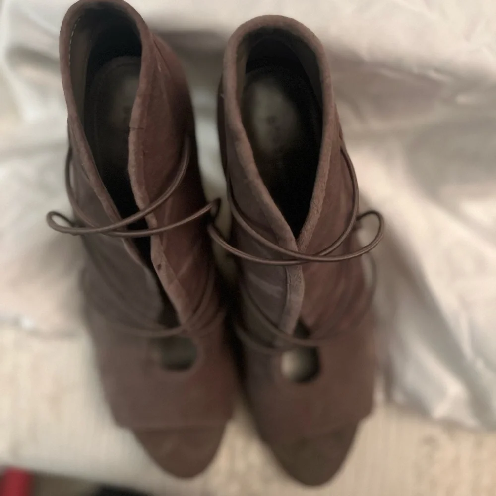 BCBG Suede Caged Open Toe Bootie